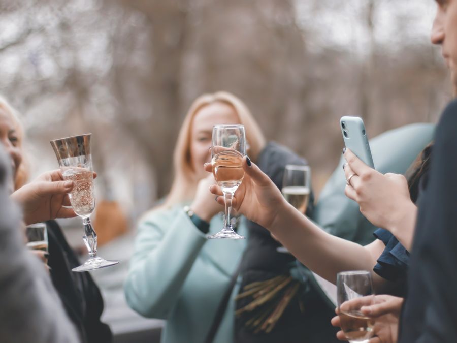 Friends raising a toast at a farewell gathering